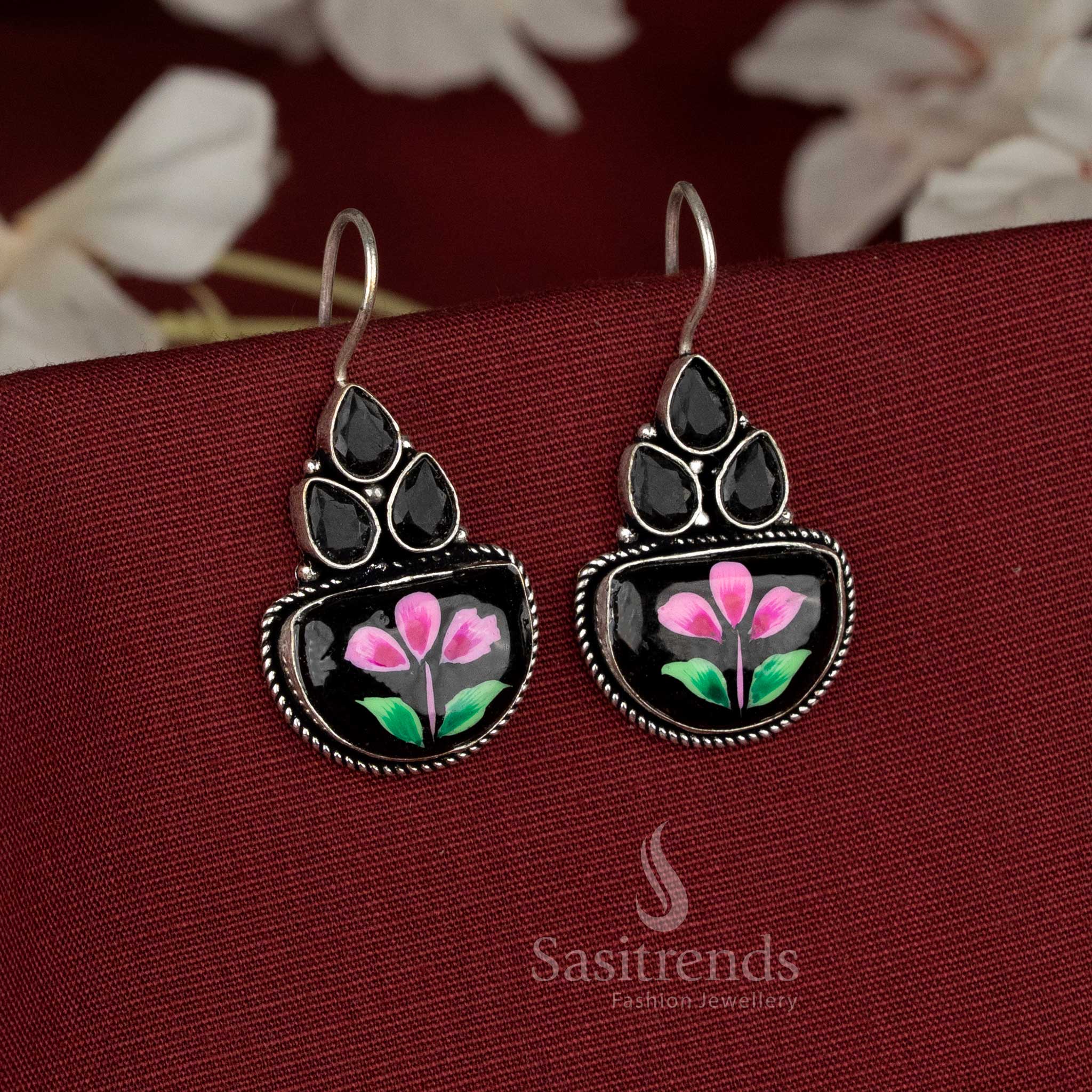 Noir petal black Monalisa stone oxidised floral cluster earrings crafted with moody artistic strokes – Sasitrends