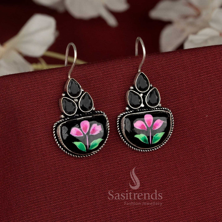 Noir petal black Monalisa stone oxidised floral cluster earrings crafted with moody artistic strokes – Sasitrends