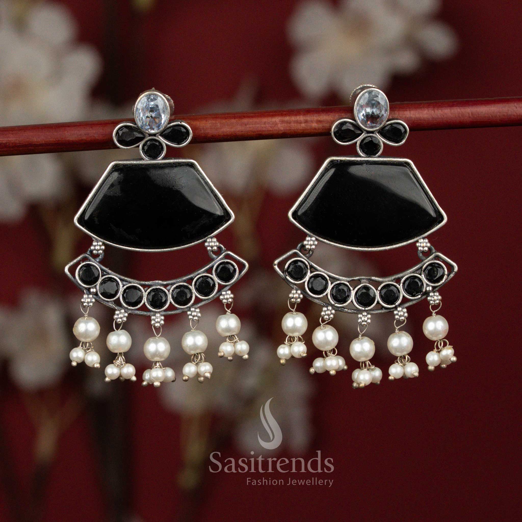 Midnight black antique oxidised 92.5 silver crescent pearl tassel earrings for party wear - jewellery - Sasitrends