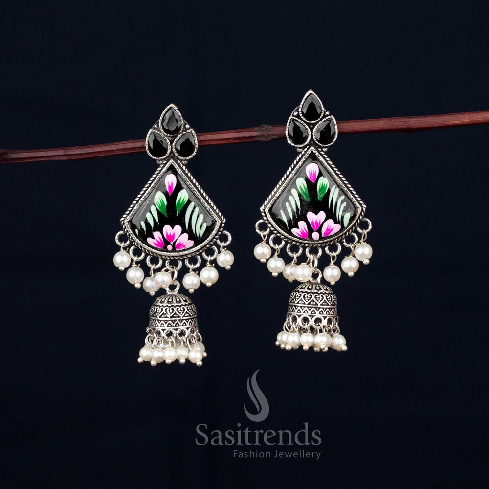 Nightglow oxidised black Monalisa triangular jhumka earrings with pearl drops, designed for Navaratri festive attire – Sasitrends