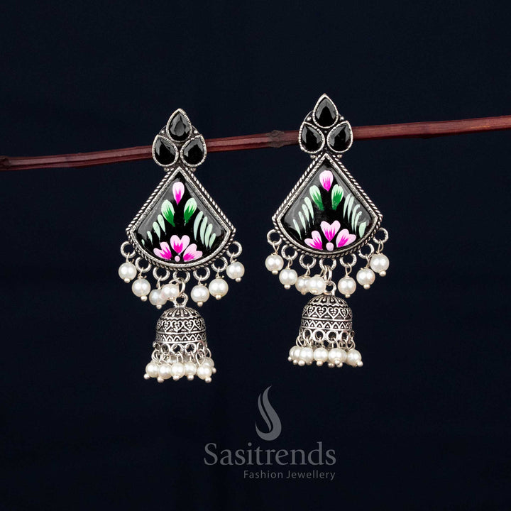 Nightglow oxidised black Monalisa triangular jhumka earrings with pearl drops, designed for Navaratri festive attire – Sasitrends