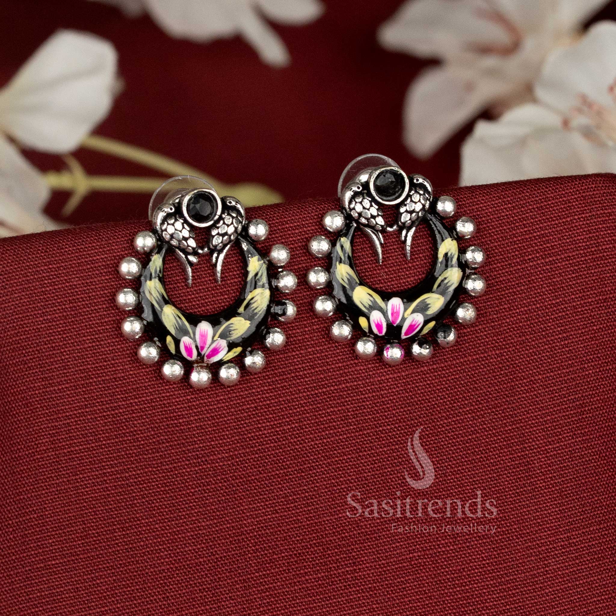 Noir hand-painted oxidised black floral cluster earrings featuring dramatic bloom art and bold contrasting strokes – Sasitrends