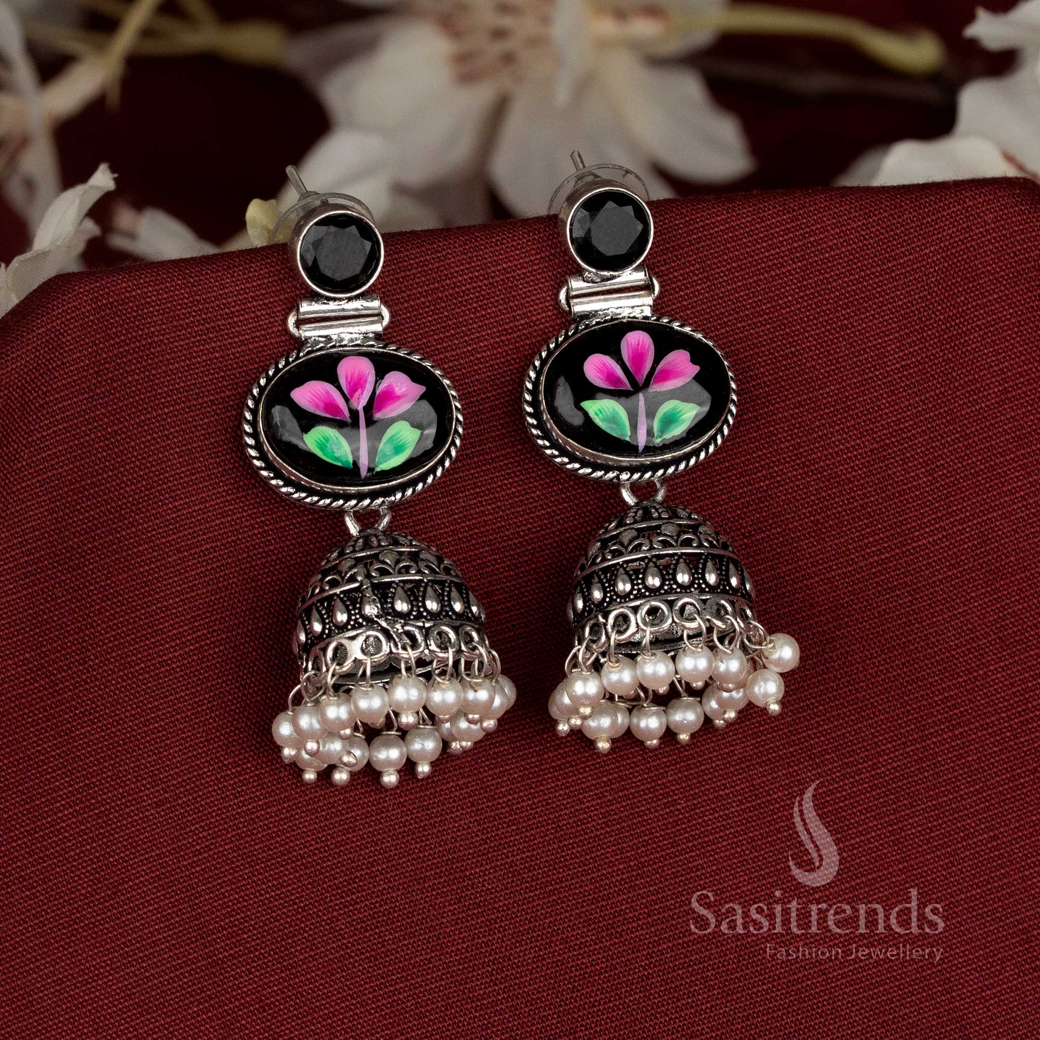 Noir bloom hand-painted oxidised black Monalisa oval stone jhumka earrings, ideal for Navaratri and festive celebration wear – Sasitrends