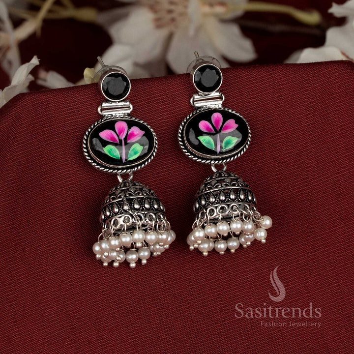 Noir bloom hand-painted oxidised black Monalisa oval stone jhumka earrings, ideal for Navaratri and festive celebration wear – Sasitrends