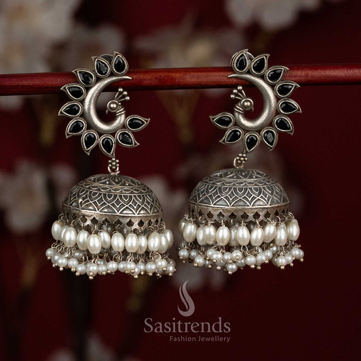 Obsidian oxidised 92.5 silver black peacock dome jhumka earrings with pearl fringes for nighttime glow - jewellery - Sasitrends