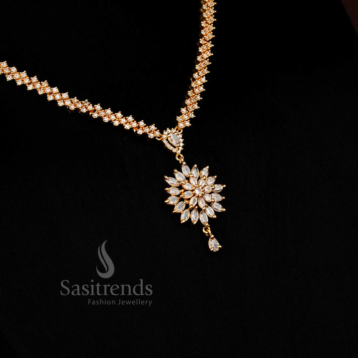 Graceful white American Diamond sunflower pendant necklace presenting crystal finish and linked pattern crafted for bridal elegance and festive Jewellery - Sasitrends