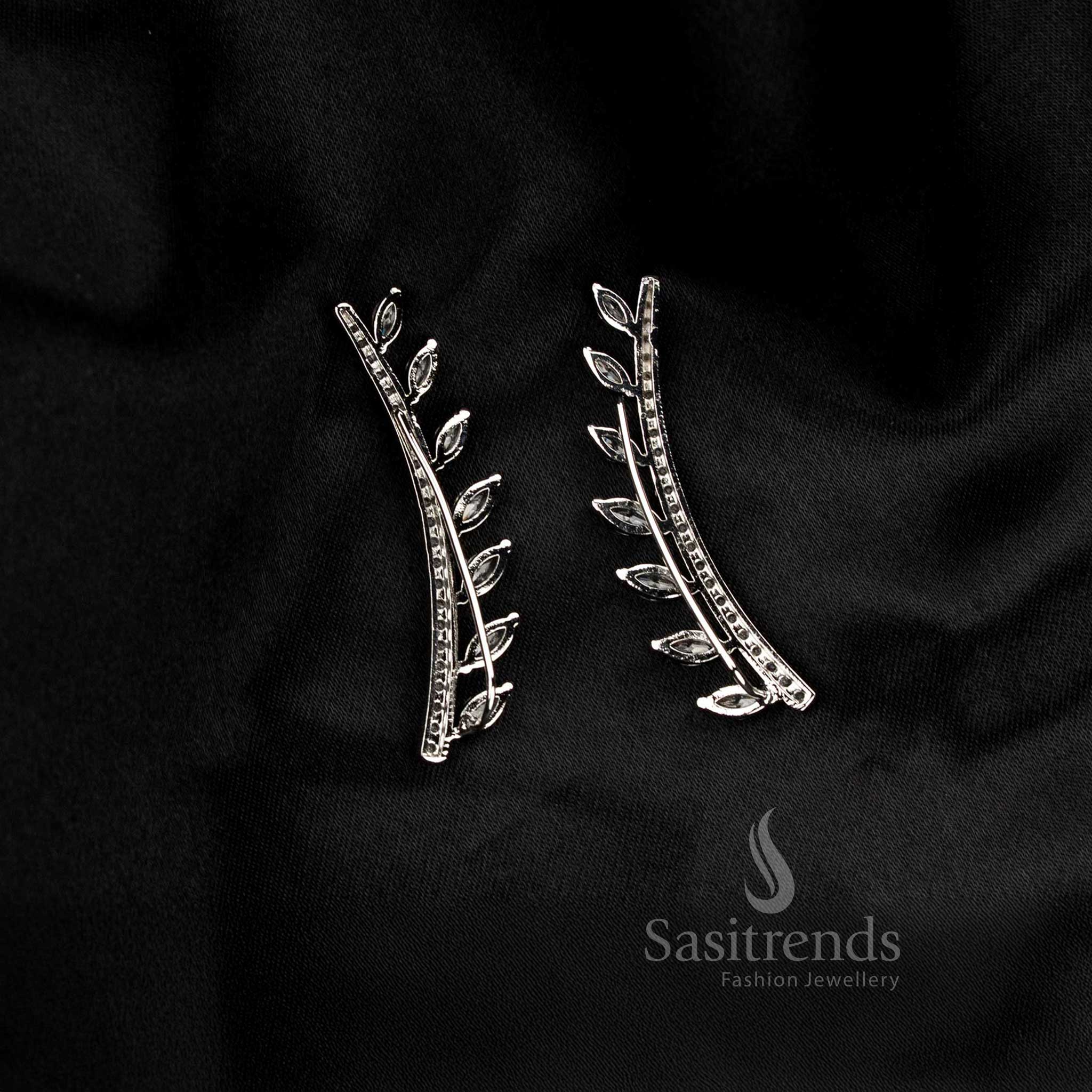 Silver American Diamond leaf vine ear climber cuff earrings for stylish party looks and bold fashion statements – Sasitrends