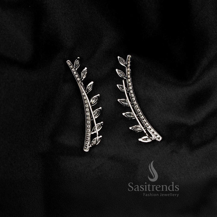 Silver American Diamond leaf vine ear climber cuff earrings for stylish party looks and bold fashion statements – Sasitrends