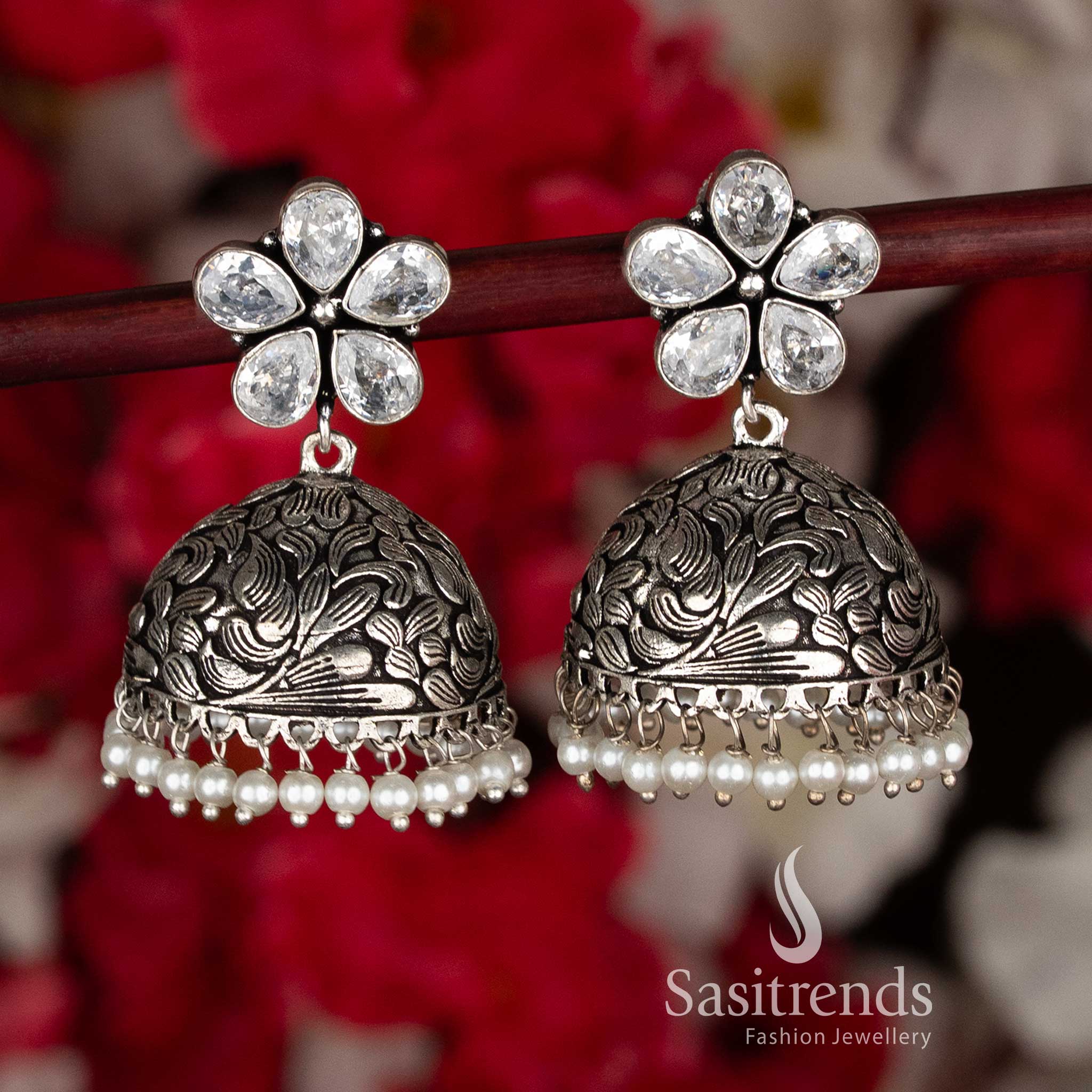 Stunning White Party Ethnic Oxidised Floral Jhumkas with Pearl Drops for Black Saree Navaratri Look-Sasitrends