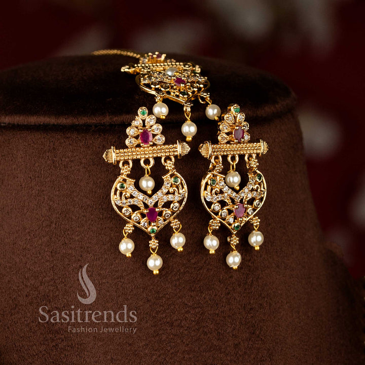 Temple Lakshmi peacock floral matte gold plated earrings decorated with multi colour American diamond stones – Sasitrends
