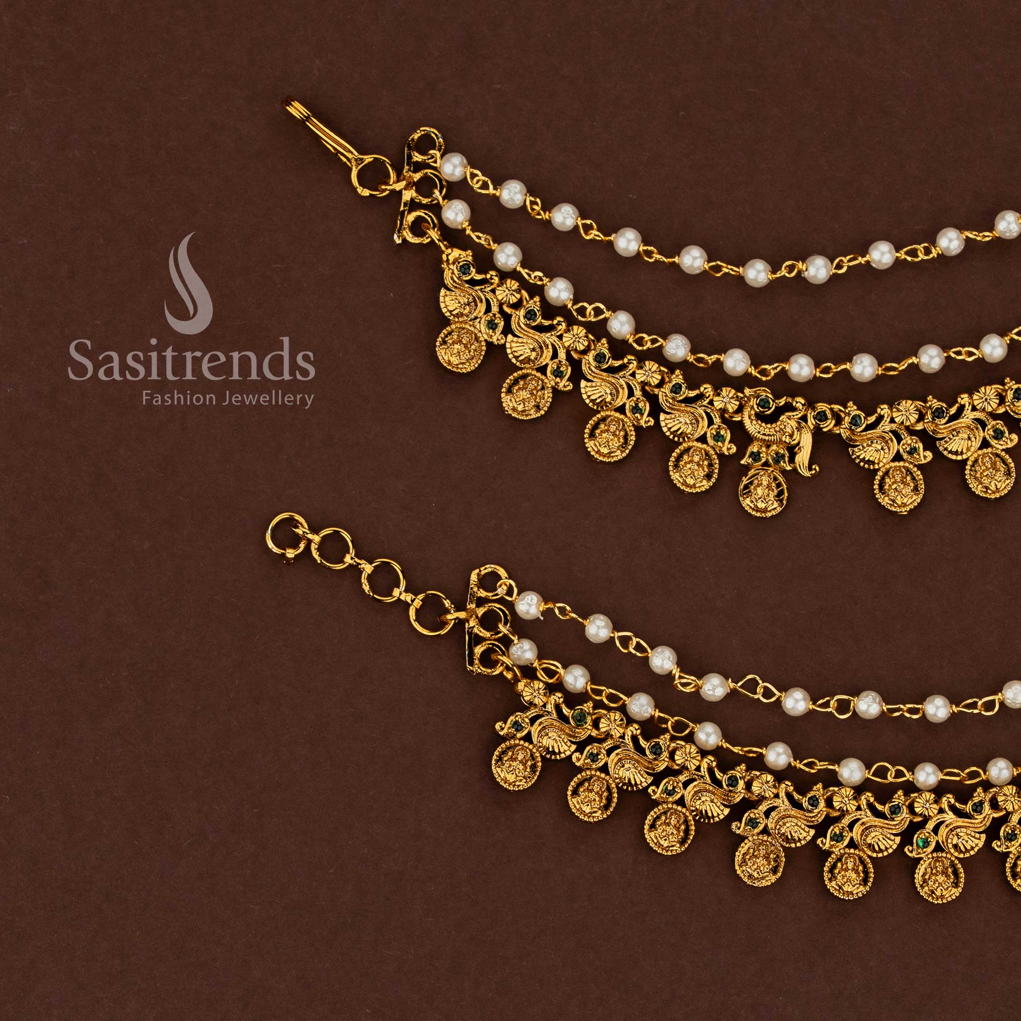 Haritha toned peacock Lakshmi temple matte gold plated American diamond matils embellished with vibrant green stones and graceful pearl strands for majestic bridal presentation - Sasitrends