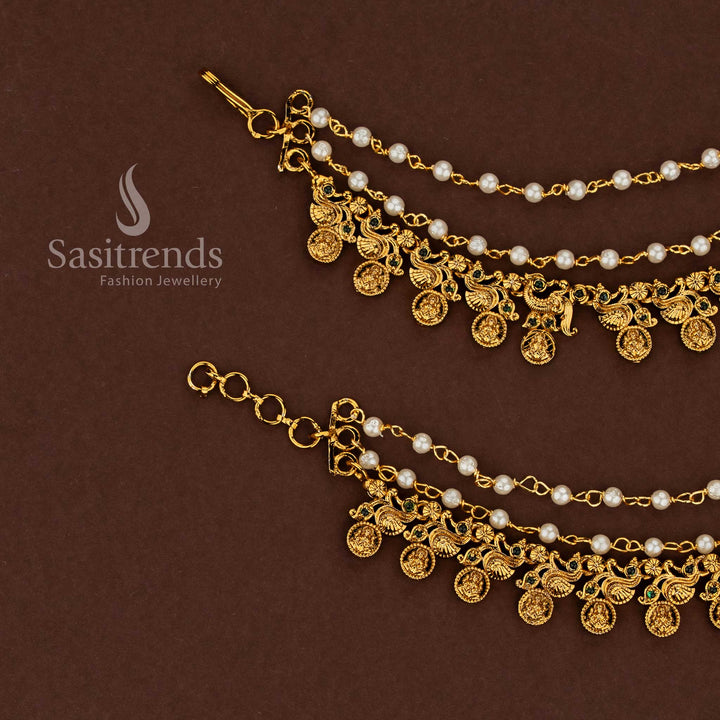 Haritha toned peacock Lakshmi temple matte gold plated American diamond matils embellished with vibrant green stones and graceful pearl strands for majestic bridal presentation - Sasitrends