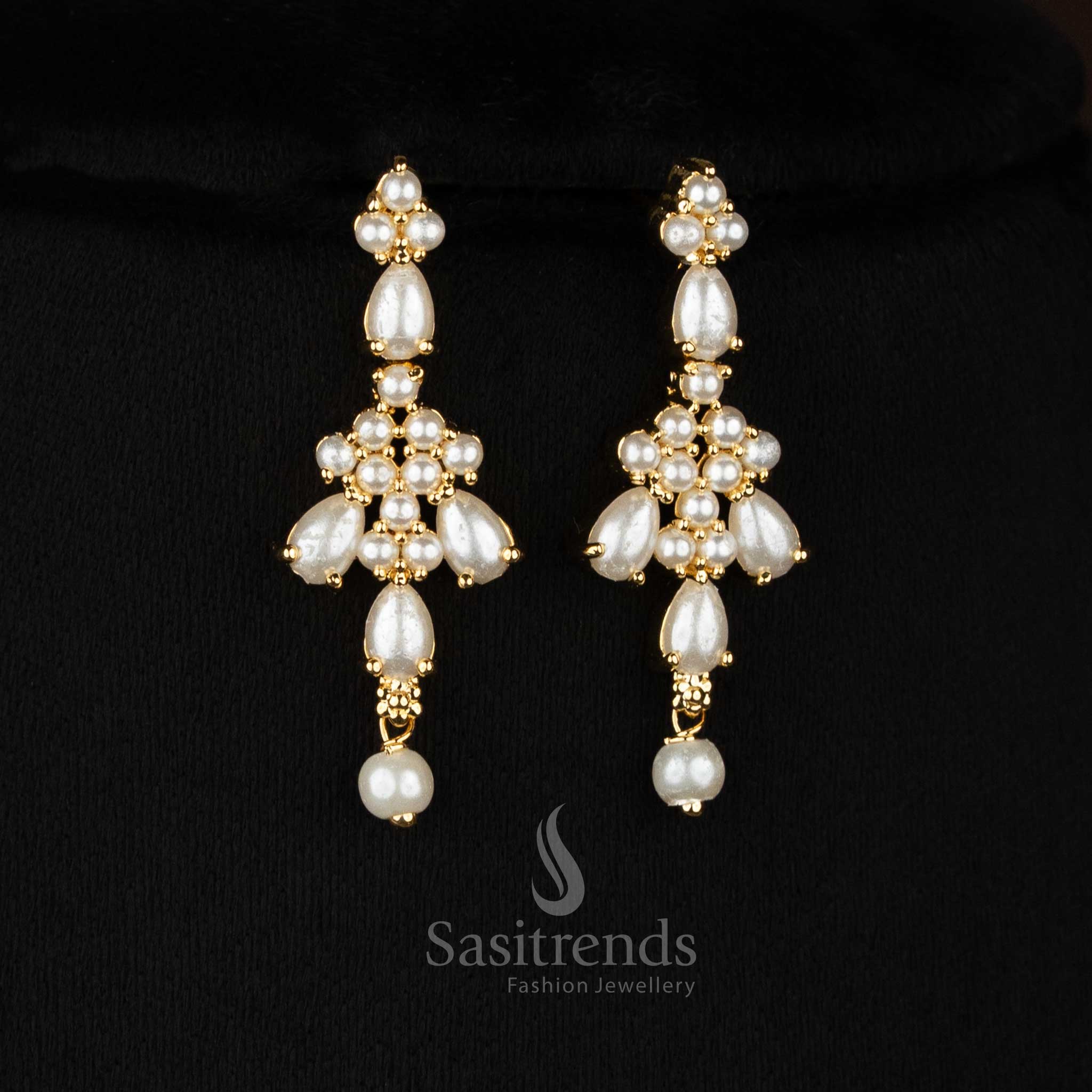 IvorySpire crafted micro gold plated triangle cut pearl and teardrop American diamond earrings styled with pearl drops for special occasions - Sasitrends