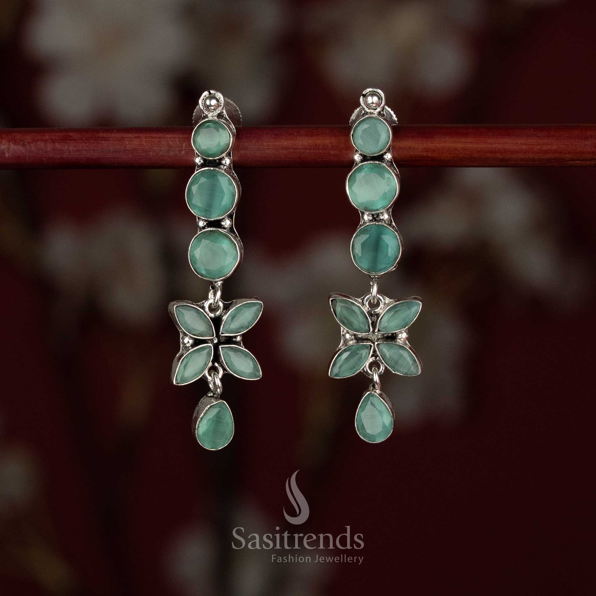 Elite oxidised silver mint linear floral drop earrings for soft daily style and calm office pairing – Sasitrends
