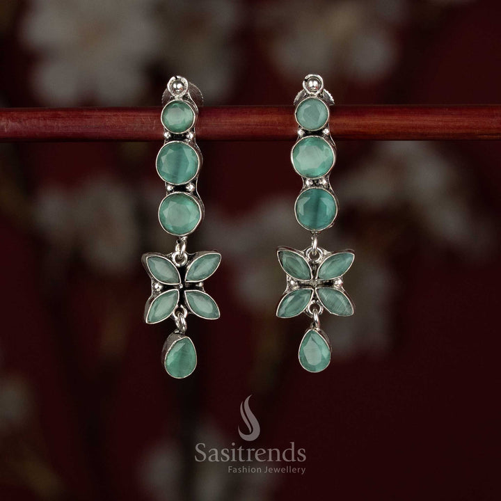 Elite oxidised silver mint linear floral drop earrings for soft daily style and calm office pairing – Sasitrends