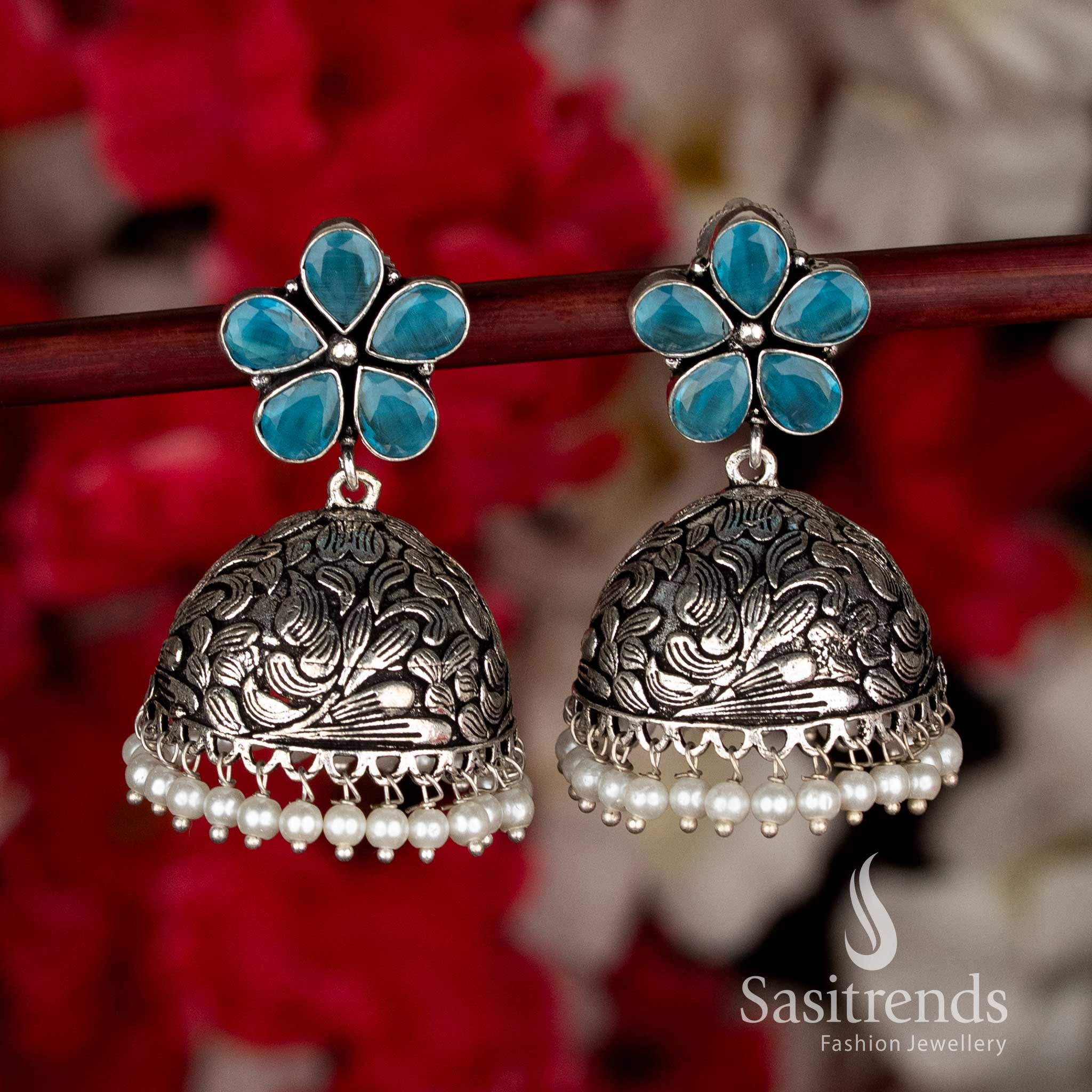 Delicate Sky Blue Party Ethnic Oxidised Floral Jhumka Earrings with Pearls, Perfect for Black Saree Navaratri Styling-Sasitrends
