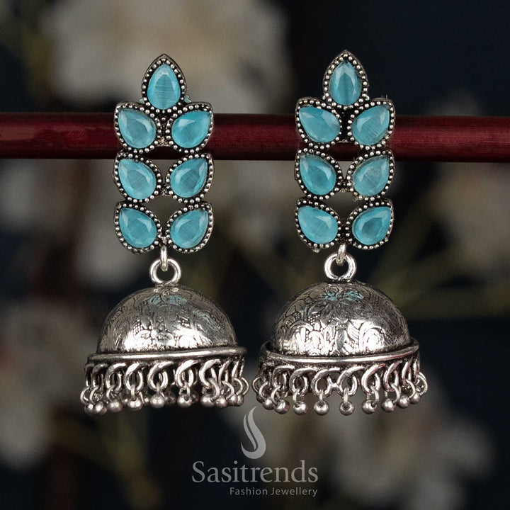 Airy sky blue oxidised petal cluster stud jhumka earrings with textured dome for daytime functions - Sasitrends
