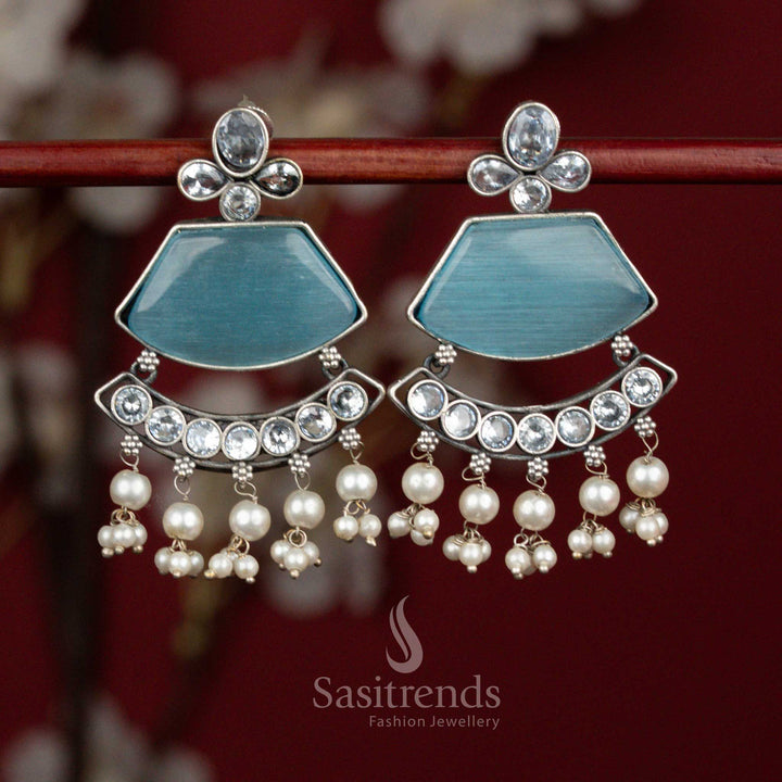 Cloud blue white oxidised silver curved crescent pearl fringe earrings for party wear - jewellery - Sasitrends
