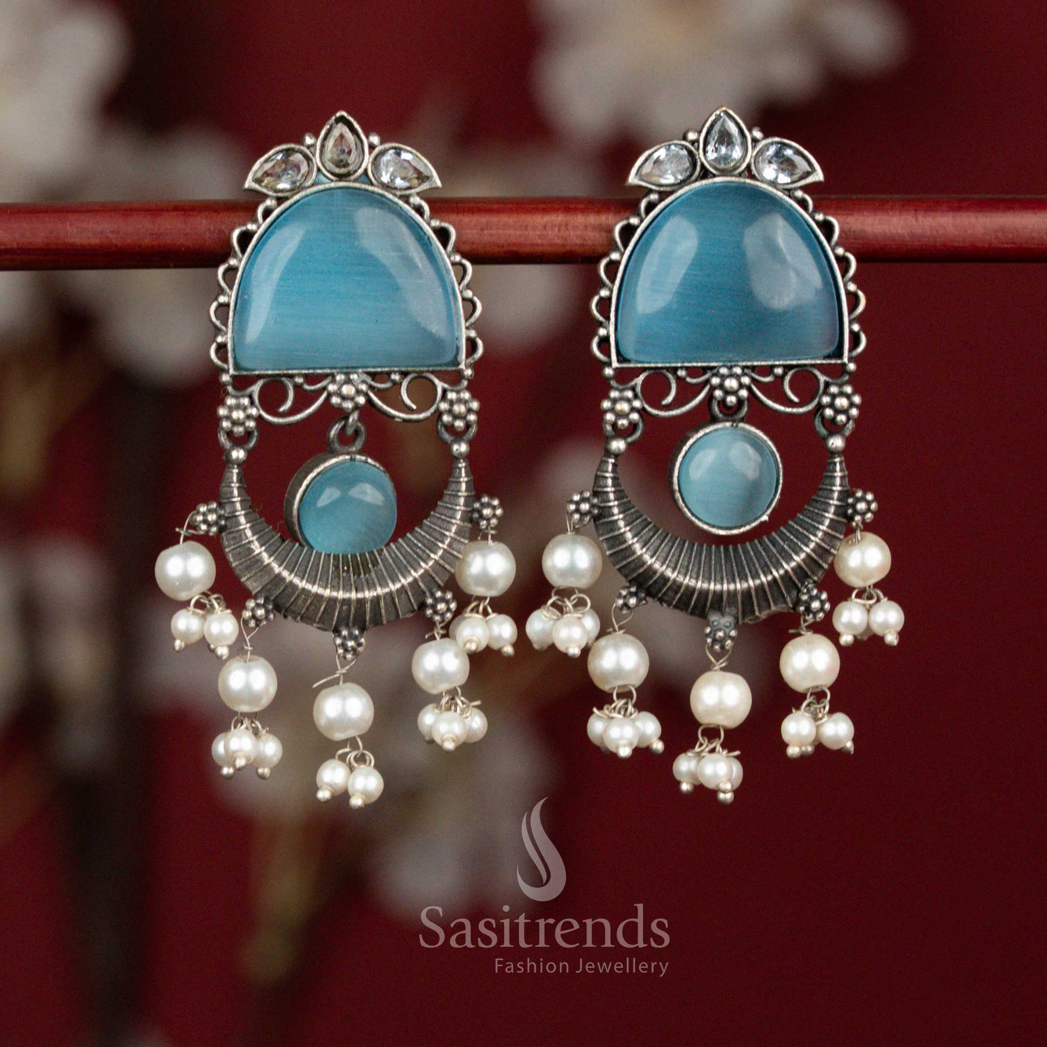 Cloud blue white oxidised silver crescent arch monalisa pearl tassel earrings for festive styling - jewellery - Sasitrends