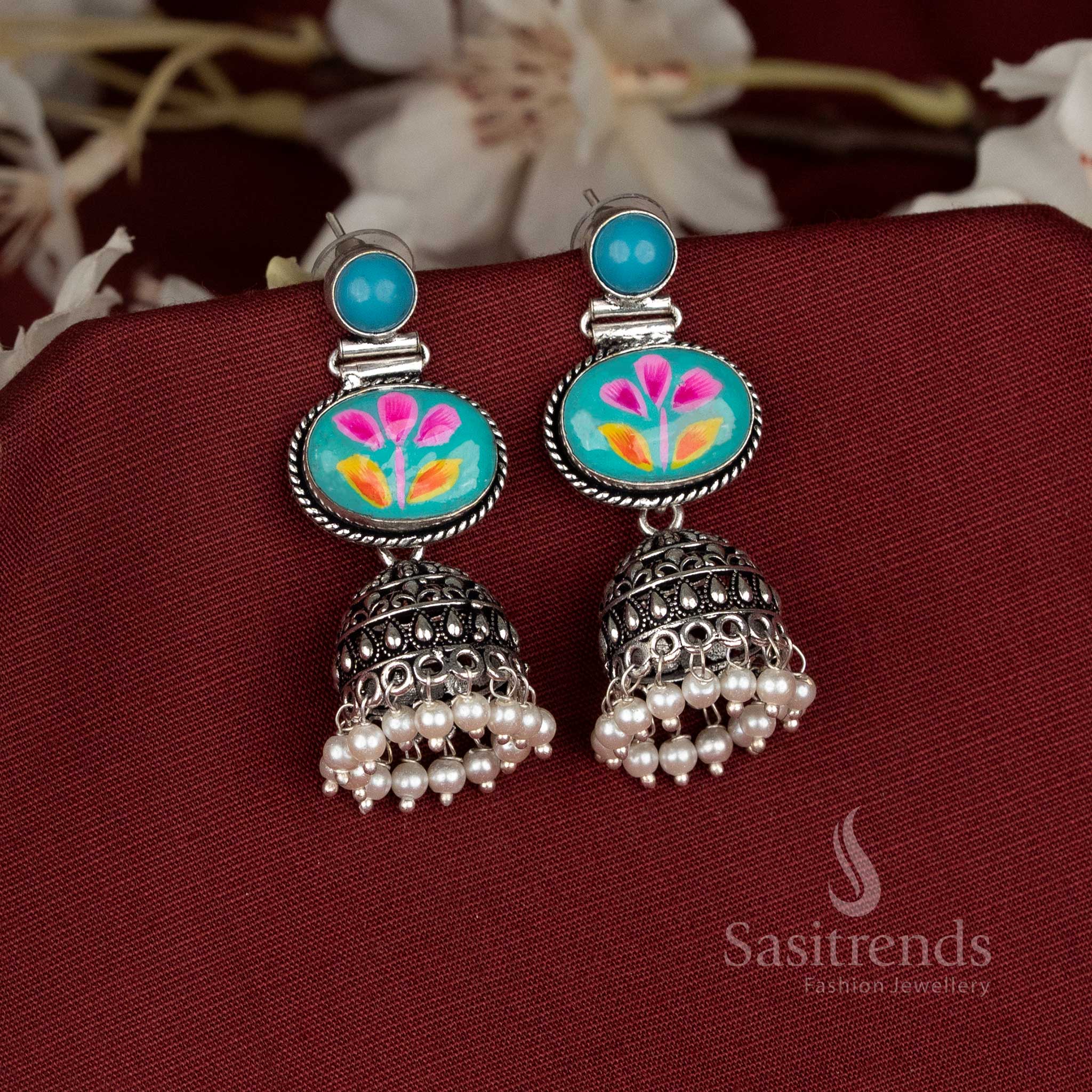 Cloudkiss oxidised hand-painted jhumka earrings with sky blue Monalisa oval stones for festive and traditional celebration wear – Sasitrends