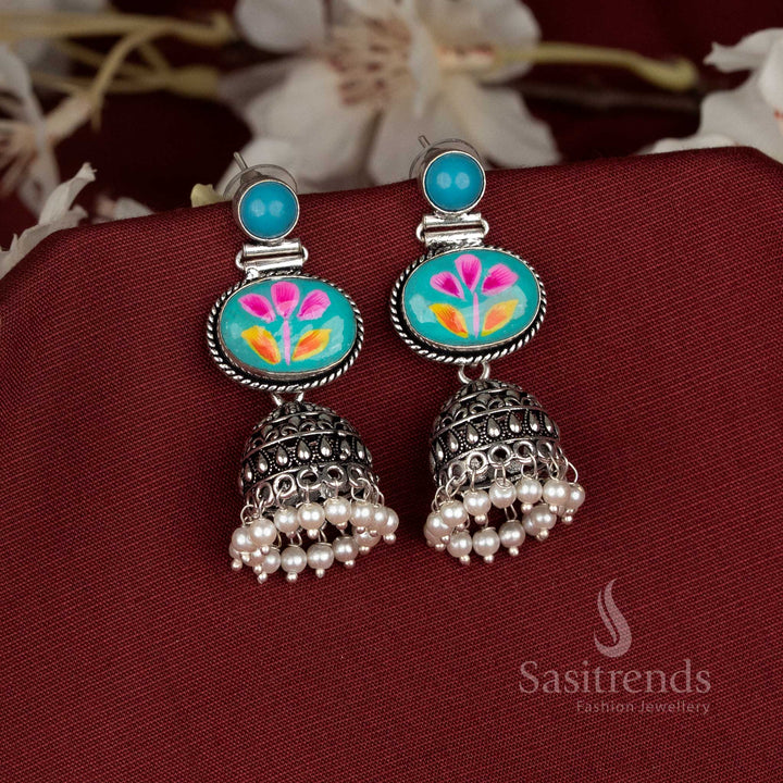 Cloudkiss oxidised hand-painted jhumka earrings with sky blue Monalisa oval stones for festive and traditional celebration wear – Sasitrends