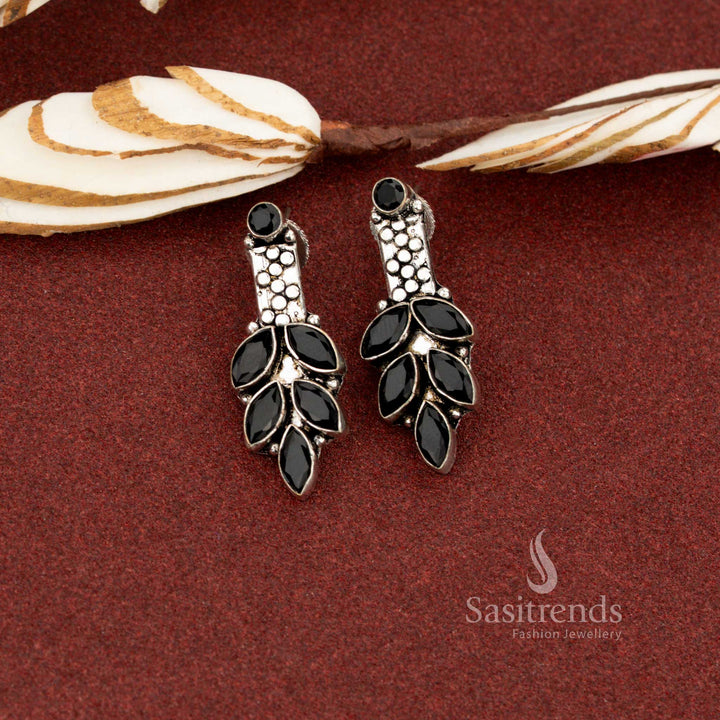 Sleek black oxidised marquise leaf cluster stone earrings perfect for modern office attire and professional evenings – Sasitrends