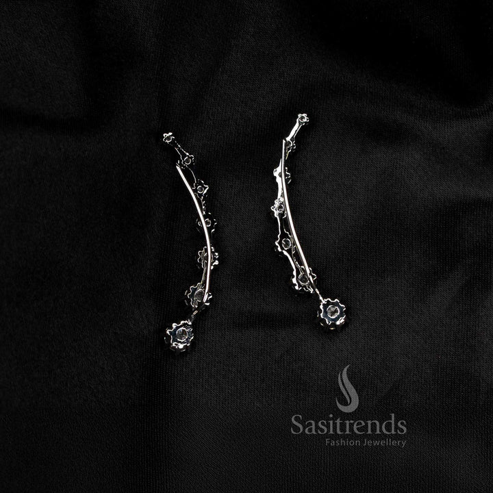 Silver AD crystal line ear climber earcuff with a smooth linear glow, perfect for party edit looks and refined fashion styling – Sasitrends