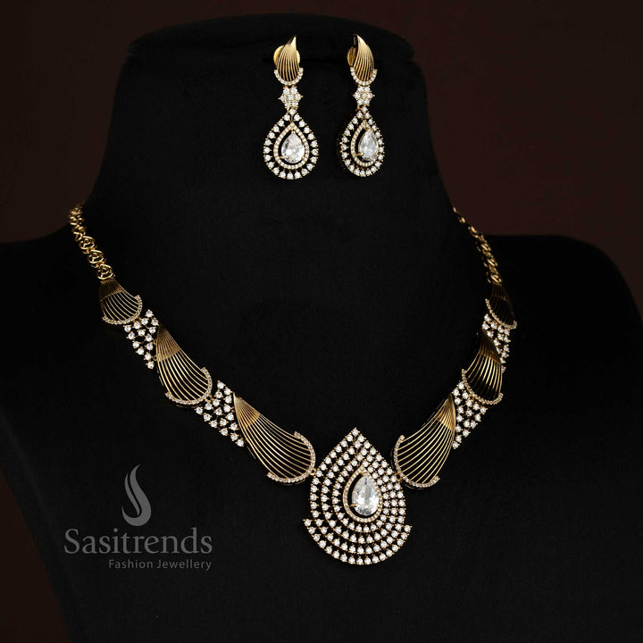 Attractive American Diamond Mehendi Gold Plated Teardrop Necklace Set for Party & Function Styling