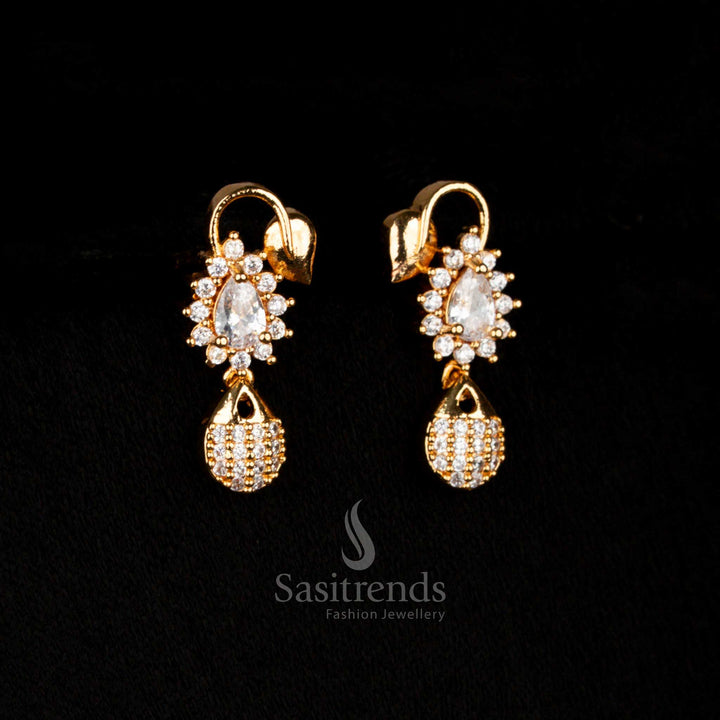 Ivory luxe micro gold plated AD teardrop drop earrings adorned with white stones, ideal for a classic bridal statement and refined festive elegance – Sasitrends