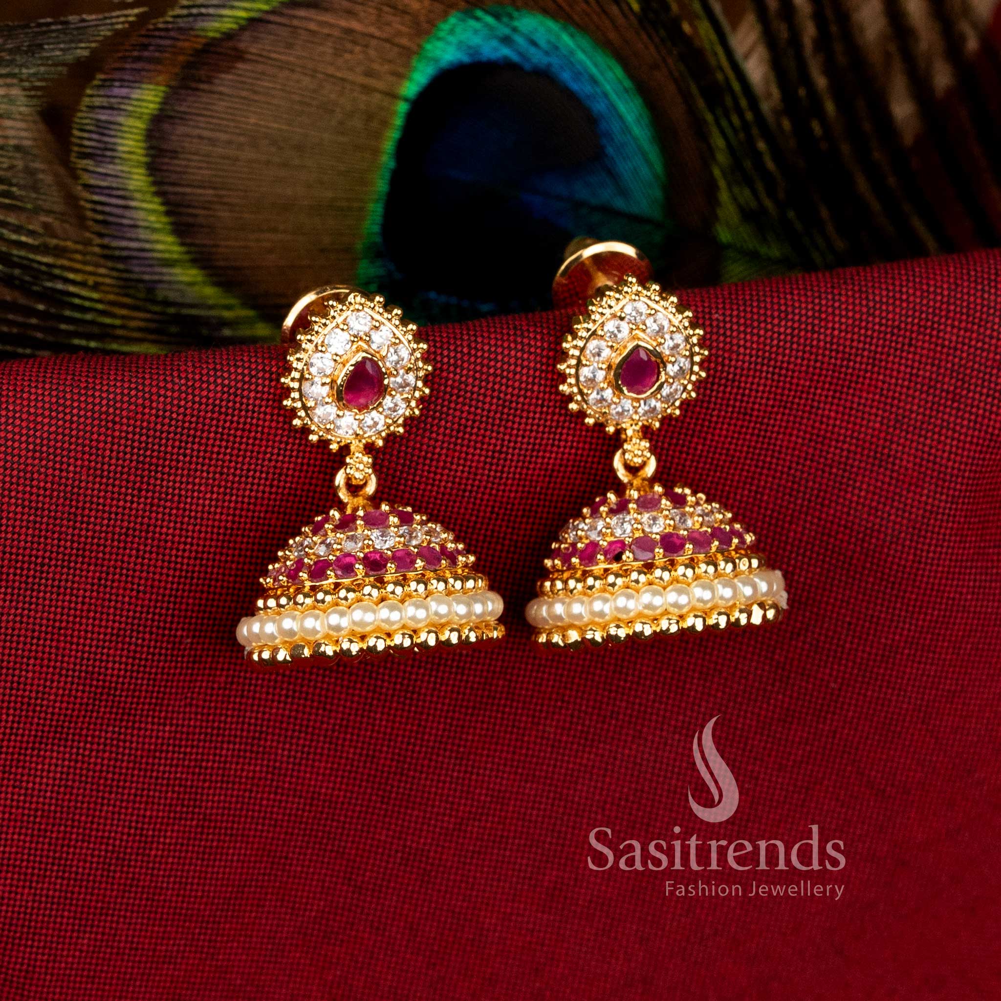 Festive snow-ruby micro gold plated teardrop jhumka earrings with pearl dome and sparkling American diamonds for stylish celebrations – Sasitrends