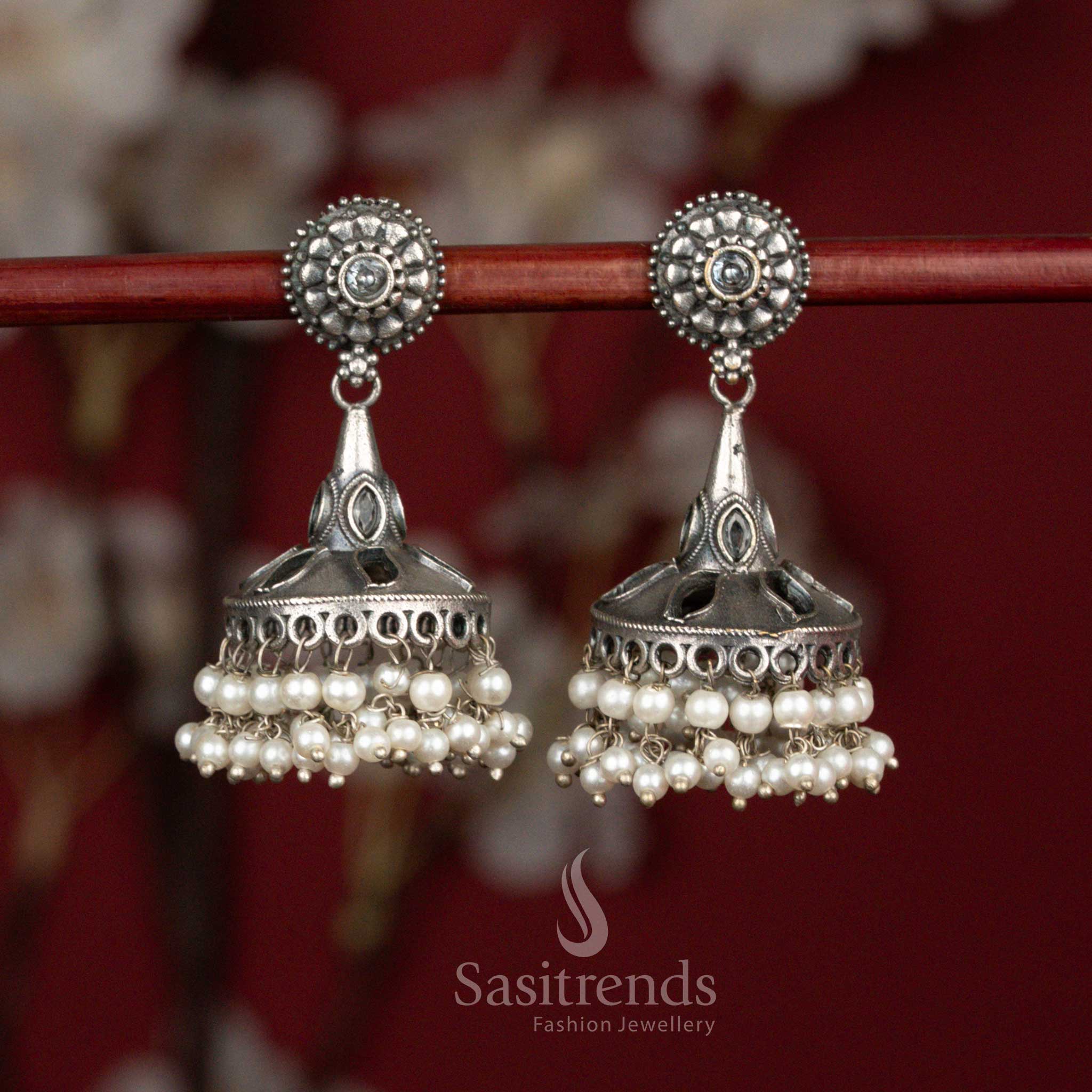 Ivory white antique oxidised 92.5 silver round floral bell dome jhumka earrings with pearl hangings for ethnic wear - jewellery - Sasitrends