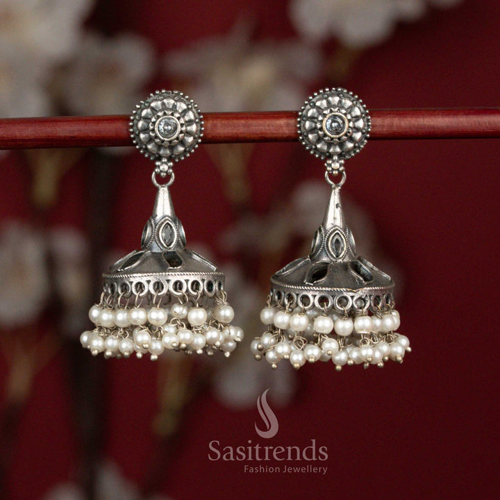 Ivory white antique oxidised 92.5 silver round floral bell dome jhumka earrings with pearl hangings for ethnic wear - jewellery - Sasitrends