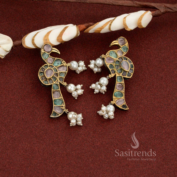 Pastel regalia pink mint antique oxidised dual tone peacock pearl drop earrings ideal for trendy festive styling and modern ethnic wear – Sasitrends