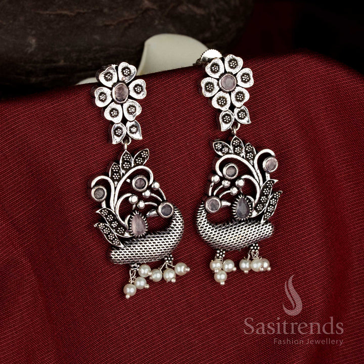 Blush elegance oxidised silver floral peacock pink pearl drops for festive jewellery - Sasitrends