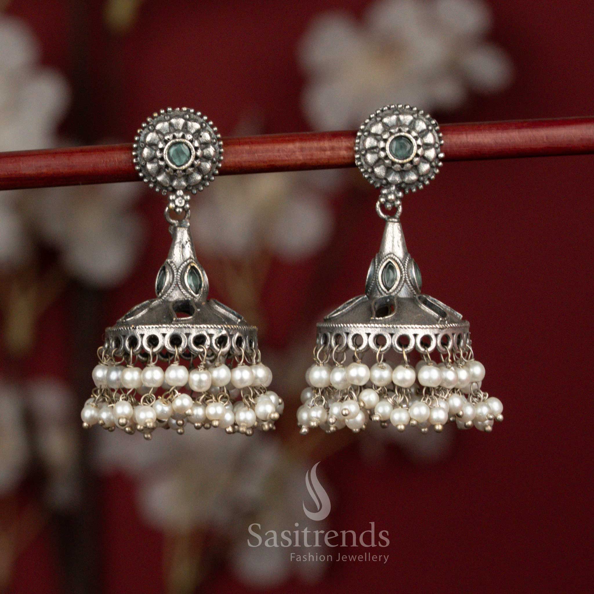 Cool mint antique oxidised 92.5 silver round floral bell dome jhumka earrings with pearl hangings for ethnic wear - jewellery - Sasitrends