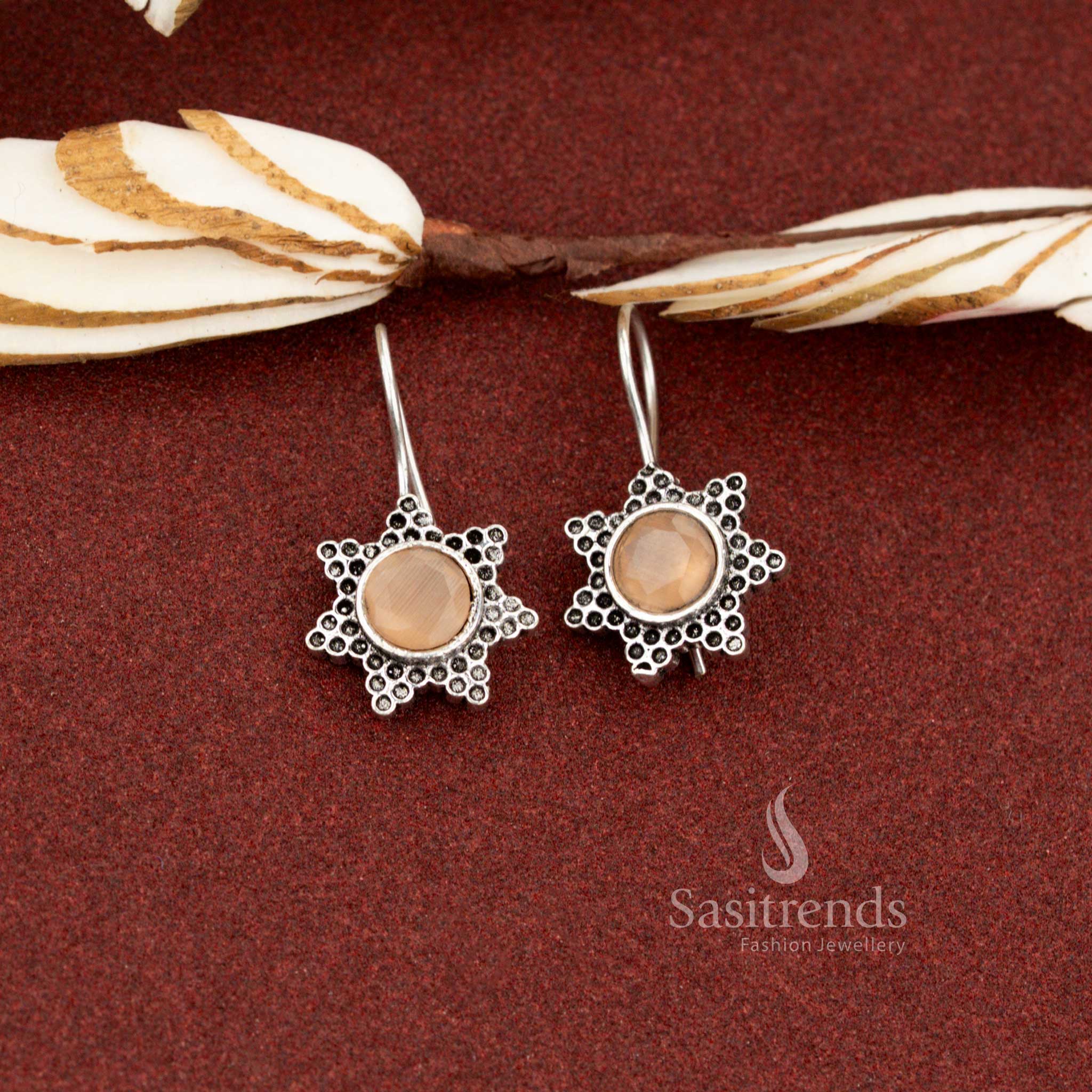 Elegant peach oxidised silver star flower drop earrings designed for daily wear, social casual outings, and office styling – Sasitrends