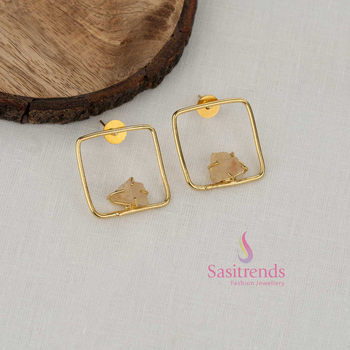 Soft peach square natural stone gold plated earrings crafted for elegant ethnic wear refined office styling and relaxed casual outings - Sasitrends
