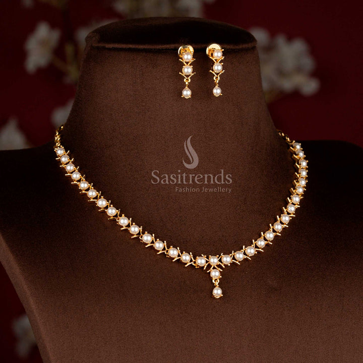 Classic pearl micro gold plated American diamond V-cut round stone necklace set suited for office celebrations and graceful dinner moments – Sasitrends