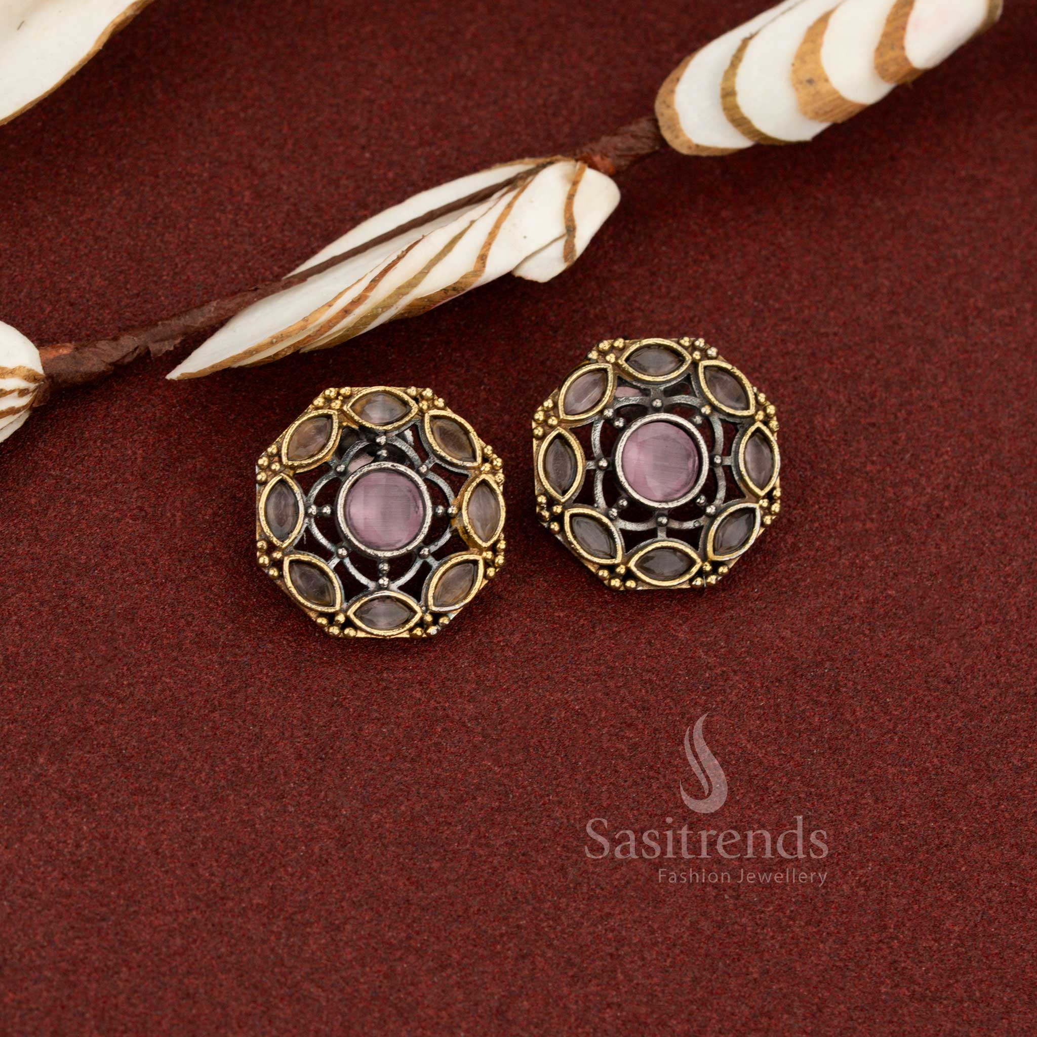 Blush pink antique oxidised dual tone round lattice circle stone earrings perfect for feminine daily wear and casual styling – Sasitrends