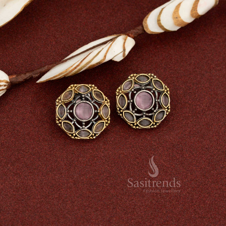 Blush pink antique oxidised dual tone round lattice circle stone earrings perfect for feminine daily wear and casual styling – Sasitrends