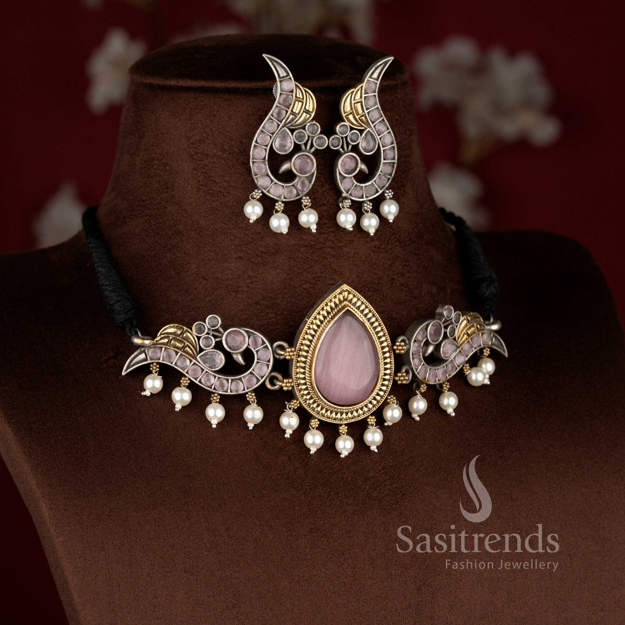 Rosy pink antique oxidised peacock pearl choker jewellery set for stylish occasions – Sasitrends