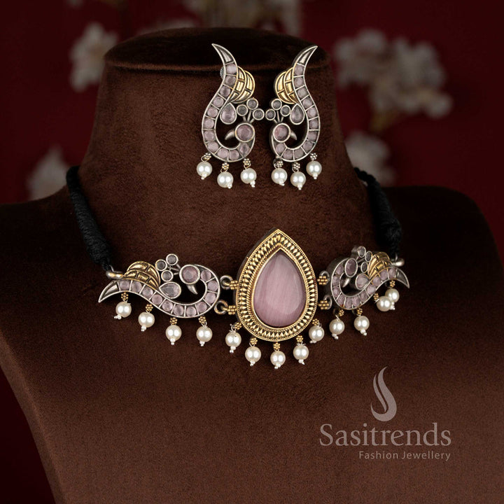 Rosy pink antique oxidised peacock pearl choker jewellery set for stylish occasions – Sasitrends