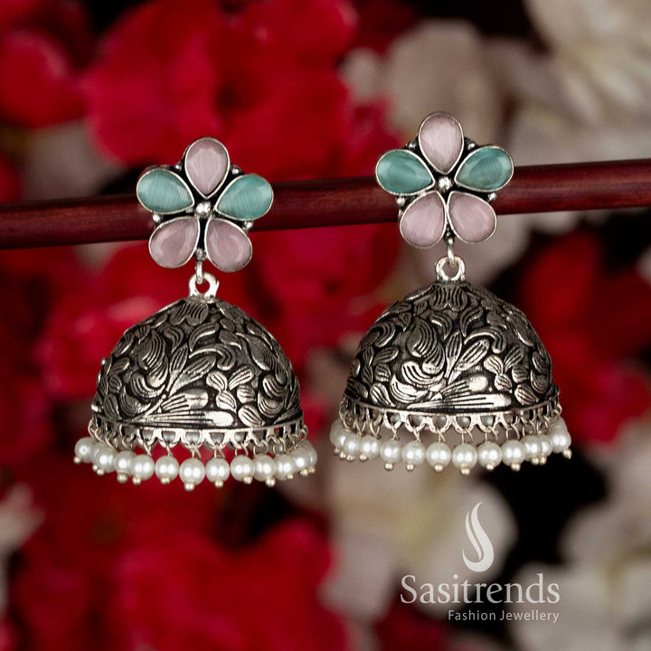 Charming Pink-Mint Party Oxidised Floral Jhumkas with Pearl Drops for Ethnic Black Saree Navaratri Styling-Sasitrends