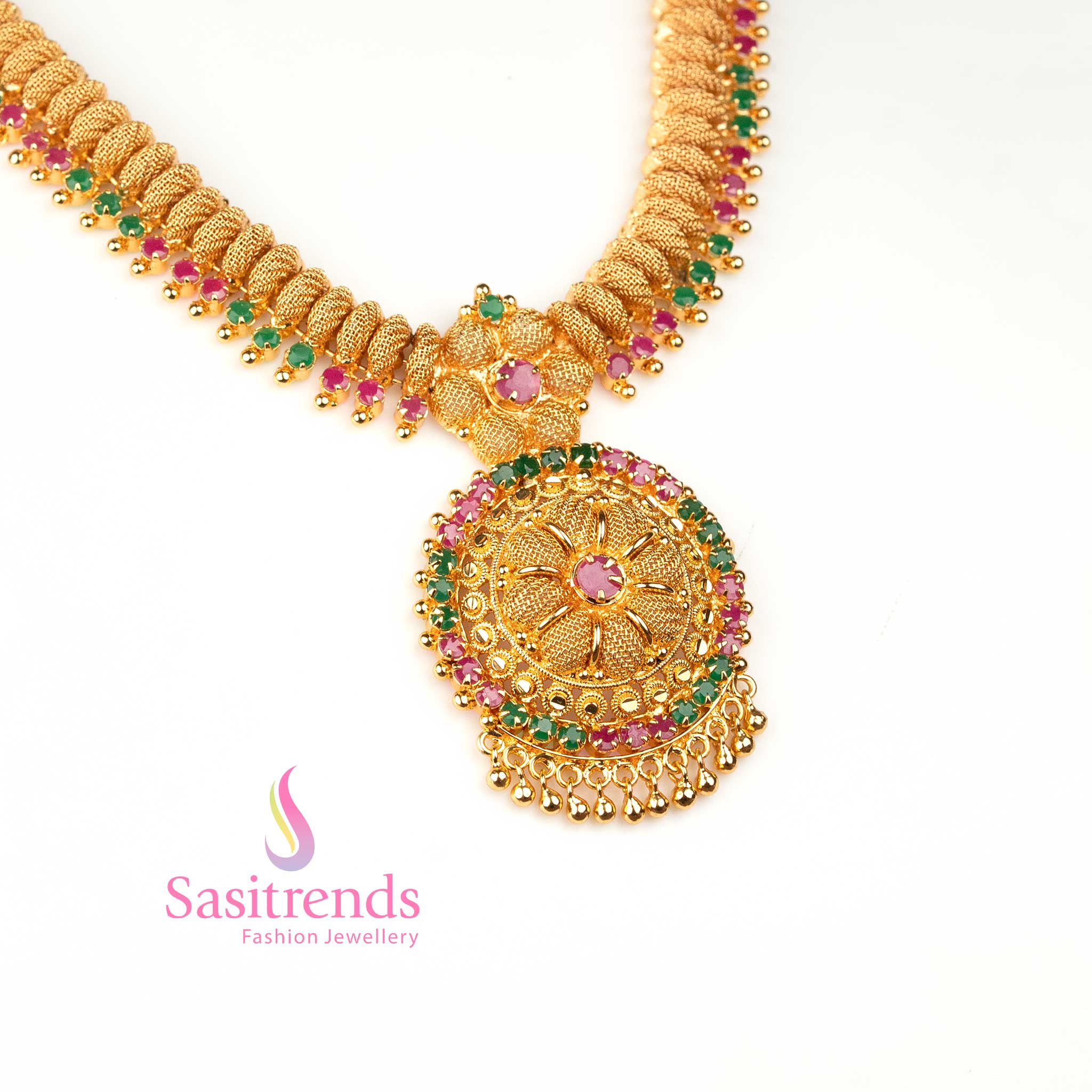 Horizon ruby-green micro gold plated circular pendant necklace with AD stones and linked golden beads, designed for sophisticated festive charm – Sasitrends
