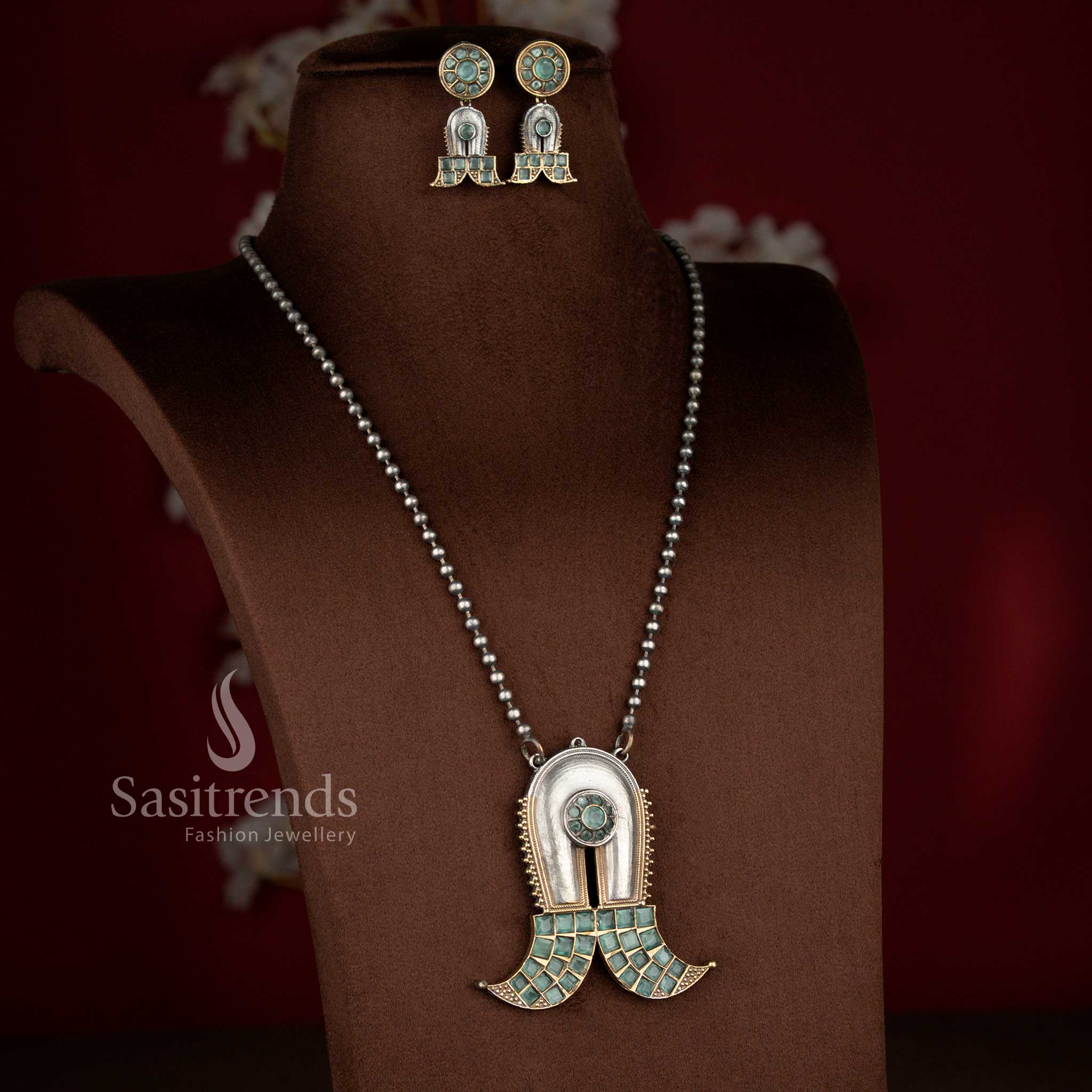 Fresh mint dual tone antique oxidised 92.5 silver plated Shivlinga long necklace for elegant festivities – Sasitrends