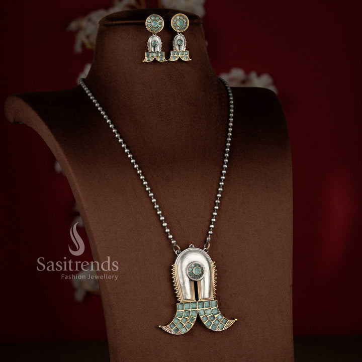 Fresh mint dual tone antique oxidised 92.5 silver plated Shivlinga long necklace for elegant festivities – Sasitrends