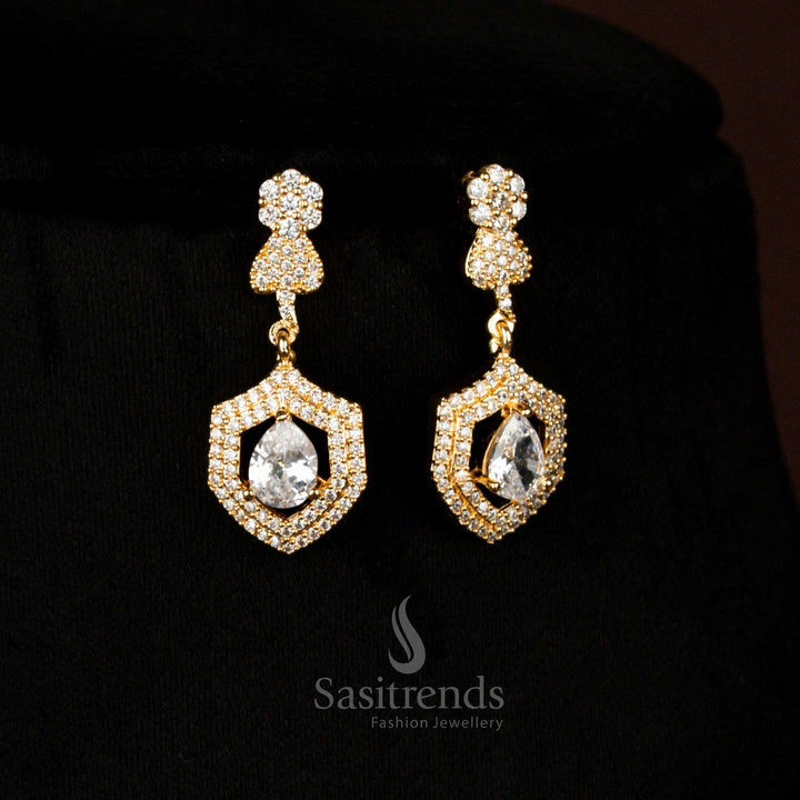 Radiant American Diamond gold plated heart and floral white earrings with teardrop stone pendant, ideal for festive celebrations and gatherings – Sasitrends