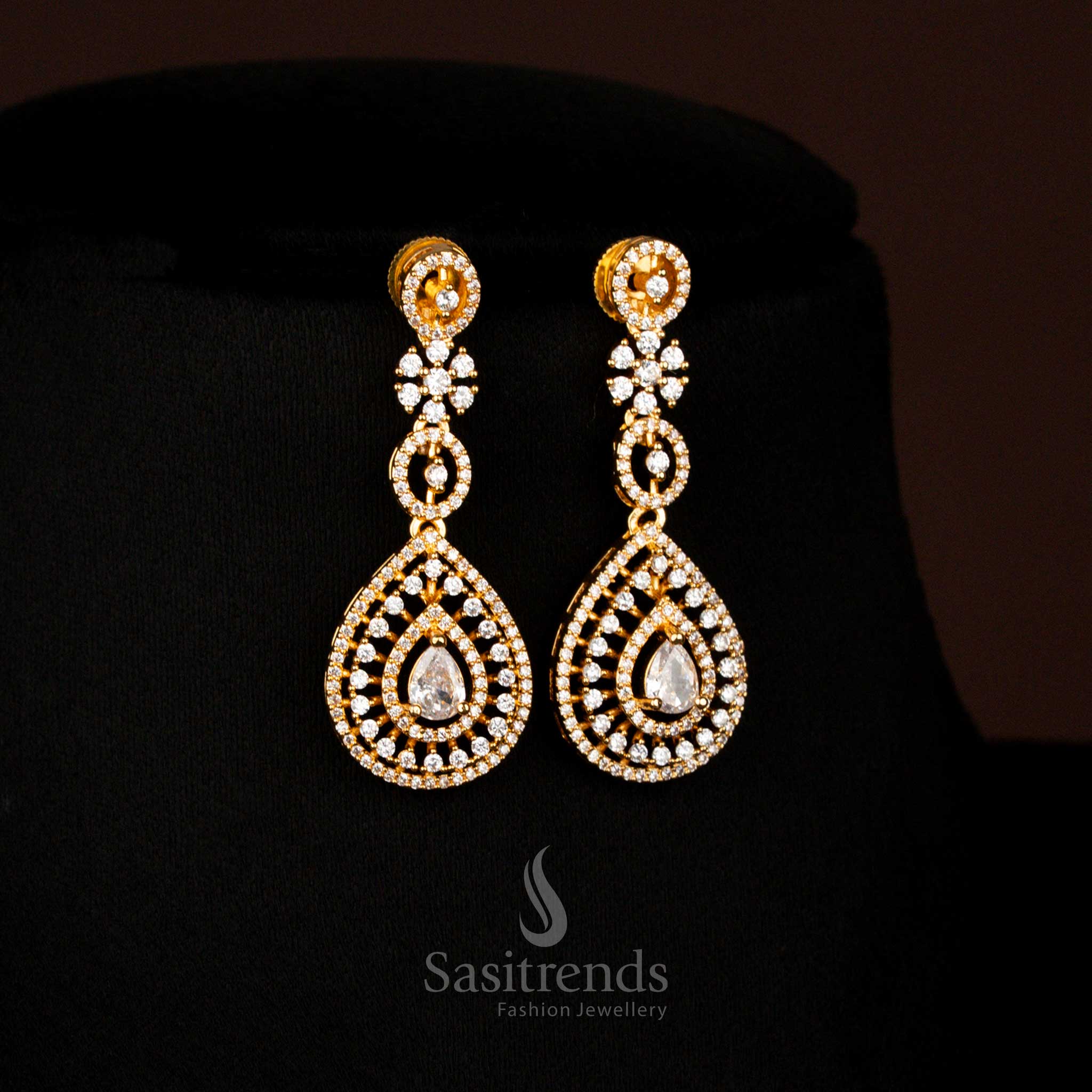 Serene American Diamond gold plated teardrop long white earrings created for ceremonial charm and graceful elegance – Sasitrends