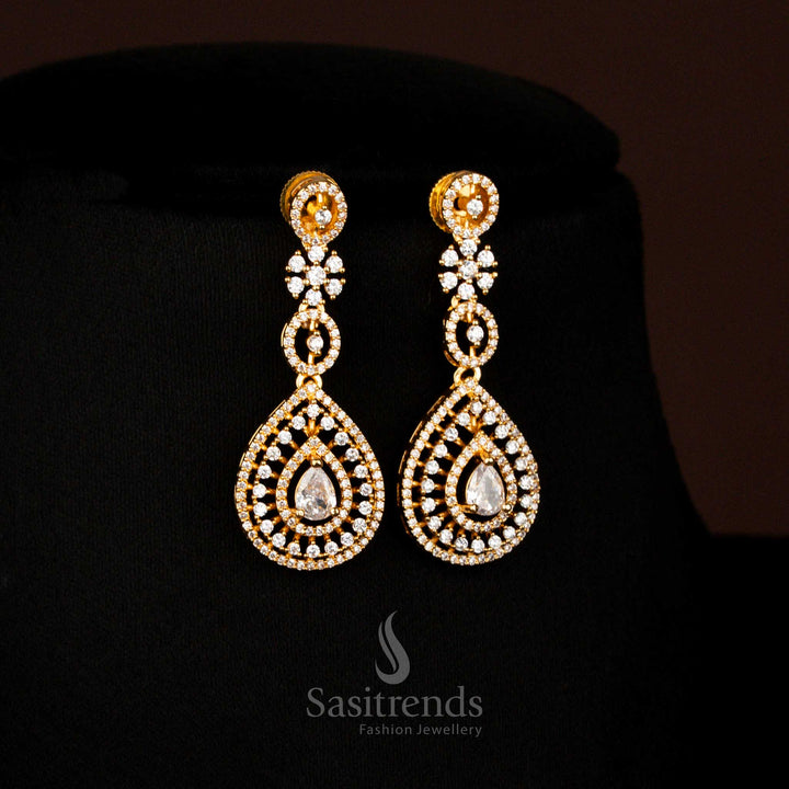 Serene American Diamond gold plated teardrop long white earrings created for ceremonial charm and graceful elegance – Sasitrends