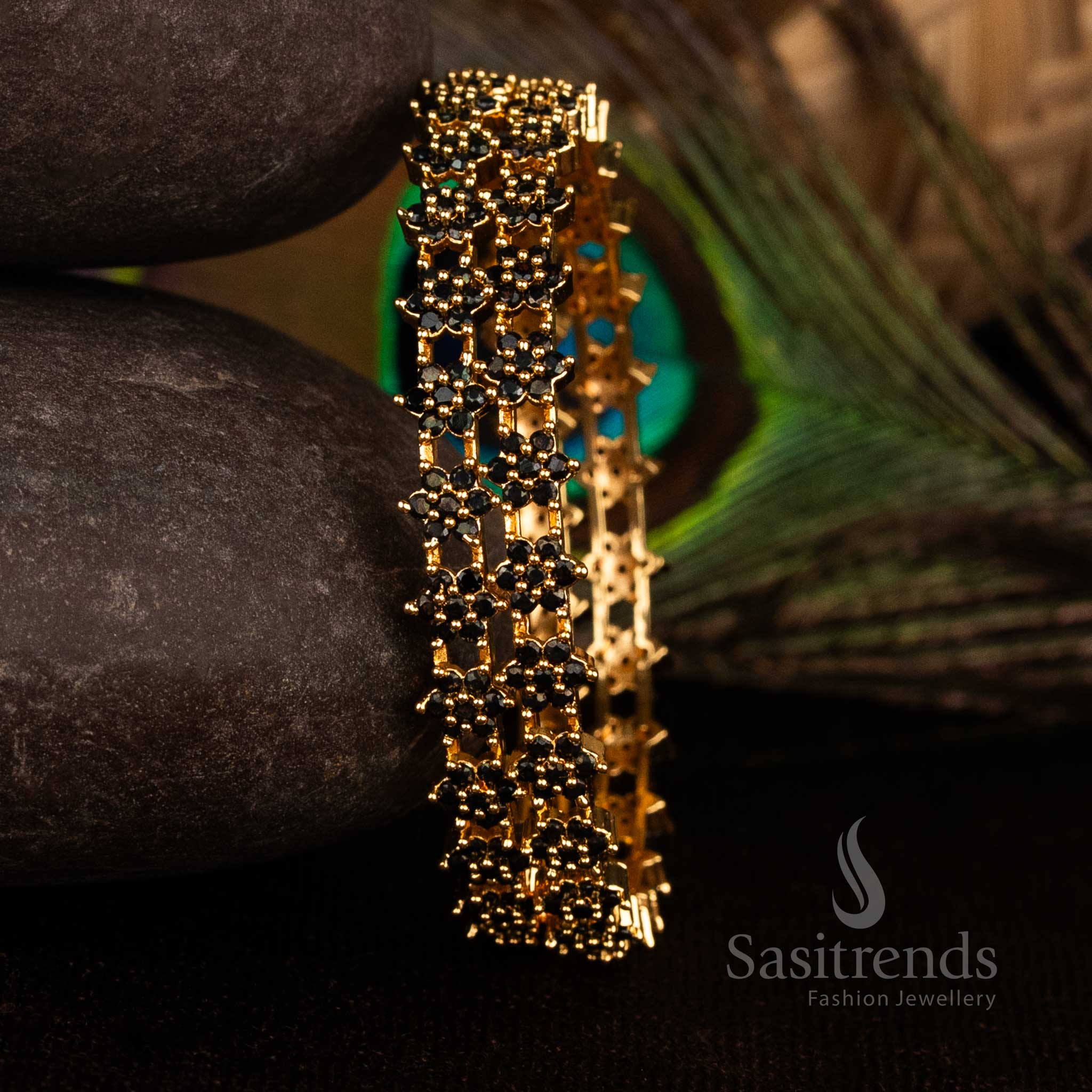 Alluring Black Bangles with American Diamond Stones and Micro Gold Finish, Perfect for Festive Celebrations and Traditional Jewellery Ensembles – Sasitrends